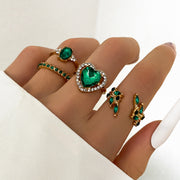 5Pc Green Crystal Gold Plated Vintage Classy Style Boho Ring Set