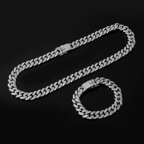 Iced Out Paved Rhinestones 1Set 8MM 13MM Full Cuban Chain CZ Bling