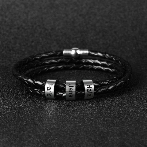 Men’s Braided Leather and Stainless Steel Custom Name Beads Bracelet