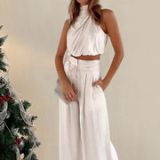 2 Pc/Set Sleeveless High Collar Pleated Top w/ Drawstring High Waist Wide Leg Loose Trousers