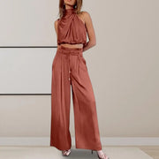 2 Pc/Set Sleeveless High Collar Pleated Top w/ Drawstring High Waist Wide Leg Loose Trousers