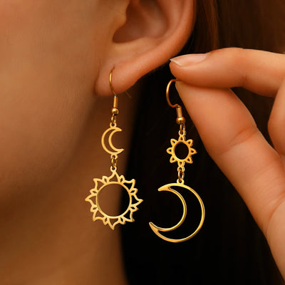 Stainless Steel Bohemian Sun & Moon Pendant Earrings