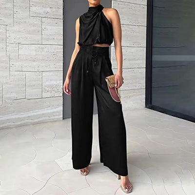 2 Pc/Set Sleeveless High Collar Pleated Top w/ Drawstring High Waist Wide Leg Loose Trousers