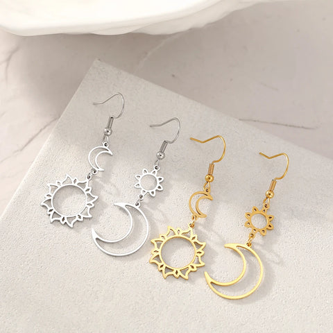 Stainless Steel Bohemian Sun & Moon Pendant Earrings