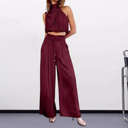 2 Pc/Set Sleeveless High Collar Pleated Top w/ Drawstring High Waist Wide Leg Loose Trousers