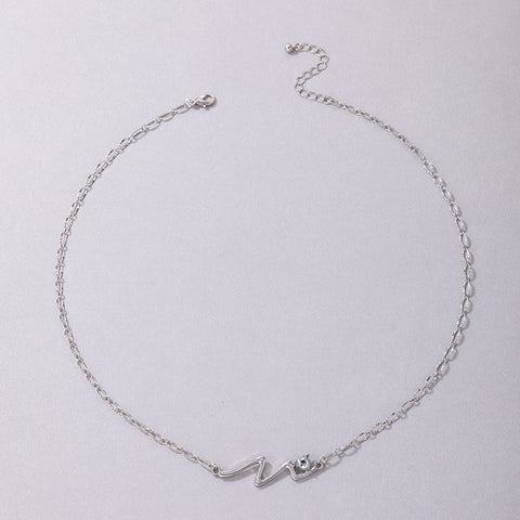 Geometric Simple Silver Single Clavicle Chain Wave Love Inlaid Necklace Versatile