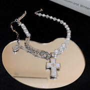 Dongdaemun Love Cross Pearl Necklace Fashion High Sense Sweater Chain Clavicle Chain Female New Necklace