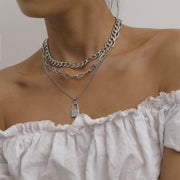 Layered Crystal Lock Chain Necklace Set