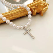 Simulated Pearl Necklace w/ Cross Variant
