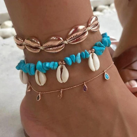 Layered Shell Pendant Boho Anklets