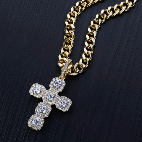 Big Iced Out Cubic Zirconia Cross Pendant Micro Pave With 12mm Cuban Style Chain Necklace