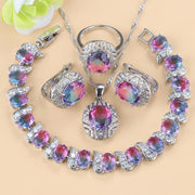 AAA+ Quality Rainbow Zirconia Clip Earrings, Necklace Pendant, Ring & Bracelet Set