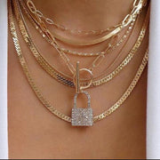 Layered Crystal Lock Chain Necklace Set