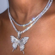 Big Rhinestone Butterfly Pendant Statement Tennis Chain Choker