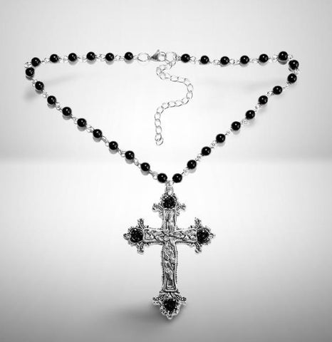 Large Black Rosary Statement Cross Necklace