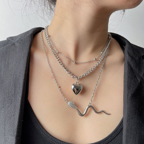 Layered Crystal Lock Chain Necklace Set
