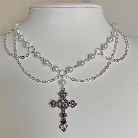 Victorian Handmade Pearl Layered CrossNecklace