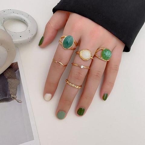Vintage Style Green Zircon Crystal Pendant Boho Ring Set