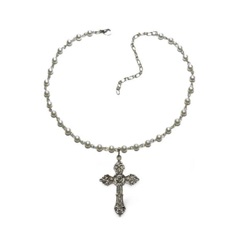 Large Black Rosary Statement Cross Necklace