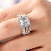 925 Sterling Silver Brilliant Emerald Cut AAAAA CZ Classic Diamond Simulation Engagement Ring Set