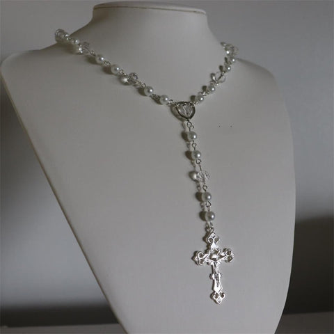Victorian Handmade Simulation Pearl Long Cross Necklace, Rosary Style