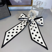 Designer Style Bow Pearl Silk Scarf Hair Ribbon Scrunchie
