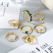 Vintage Style Green Zircon Crystal Pendant Boho Ring Set