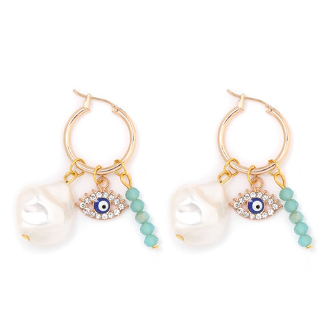 Baroque Pearl Lucky Evil Eye Natural Faceted Quartz Crystal Drop Earrings