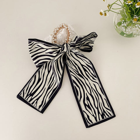 Designer Style Bow Pearl Silk Scarf Hair Ribbon Scrunchie
