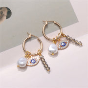 Baroque Pearl Lucky Evil Eye Natural Faceted Quartz Crystal Drop Earrings