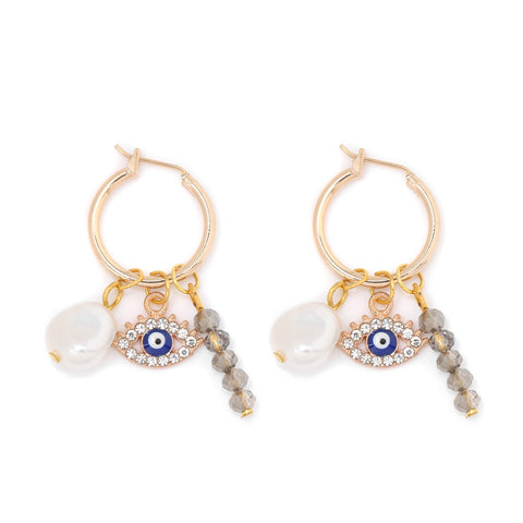 Baroque Pearl Lucky Evil Eye Natural Faceted Quartz Crystal Earrings