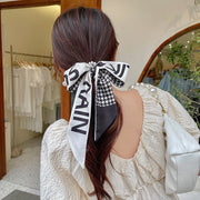 Designer Style Bow Pearl Silk Scarf Hair Ribbon Scrunchie