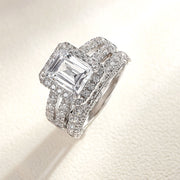 925 Sterling Silver Brilliant Emerald Cut AAAAA CZ Classic Diamond Simulation Engagement Ring Set