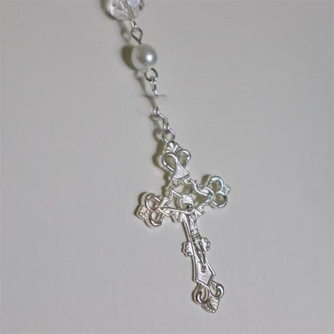 Victorian Handmade Simulation Pearl Long Cross Necklace, Rosary Style