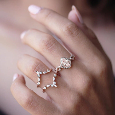 3pc Rose Gold Color Water Drop Zircon Delicate Luxurious Boho Ring Set
