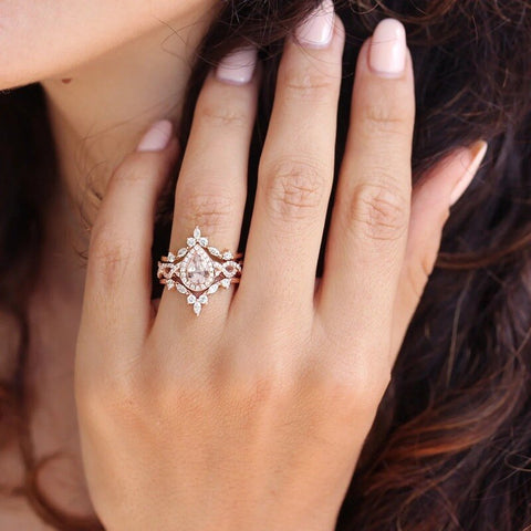 3pc Rose Gold Color Water Drop Zircon Delicate Luxurious Boho Ring Set