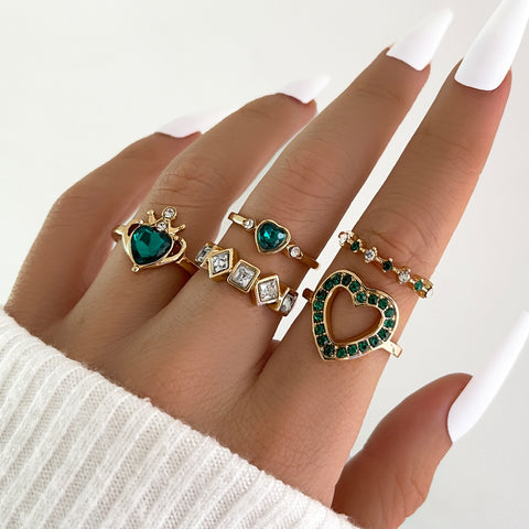 5Pc Green Crystal Gold Plated Vintage Classy Style Boho Ring Set