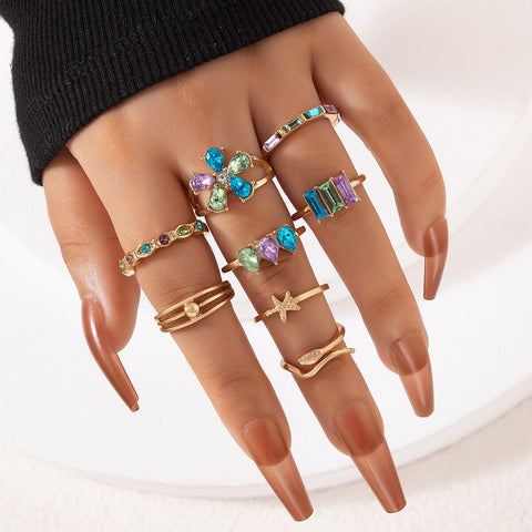 Colorful Crystal Boho Thick Band Ring Set