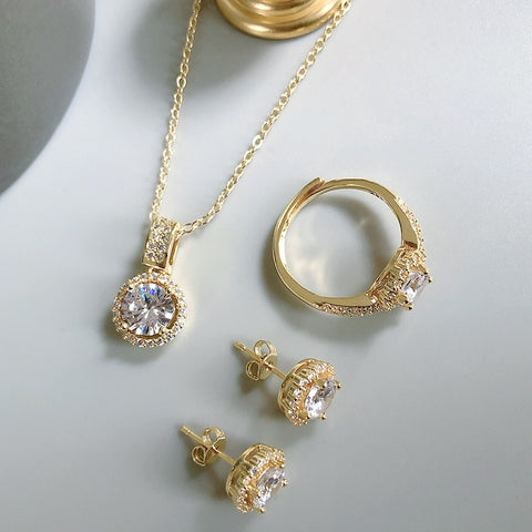 14k Gold Plated or Silver Zircon Necklace, Earring, & Ring Set