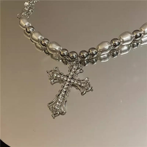 Vintage Minimalist Bling Cross Pendant Pearl Necklace