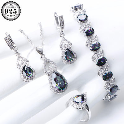 Natural Rainbow High Quality 925 Sterling Silver Stones Earrings, Bracelet, Necklace, & Rings Set