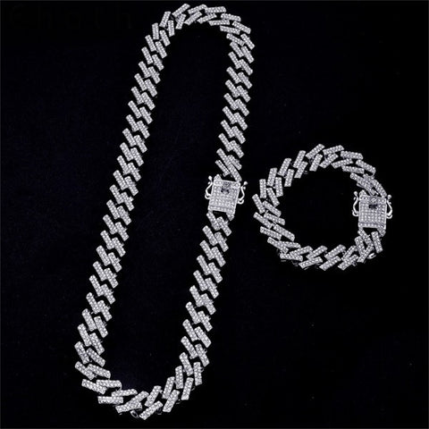 Iced Out Chain Bling Prong Link 15mm Full Crystal Rhinestones Clasp Set