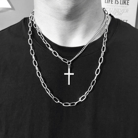 Multilayer Necklace Metal Cross Pendant Silver Color Chain Necklace Unisex