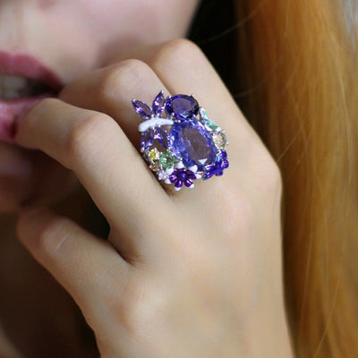 Luxury Big Oval Dragonfly Flower Unique Style Purple Blue Vintage Ring