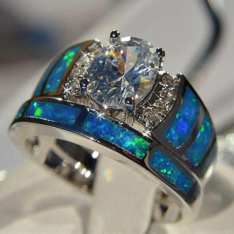 Newly Designed High Quality Oval CZ Blue Imitation Opal Ring Set Size 5-10
