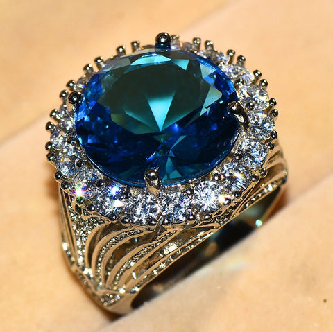 Luxury Big Blue Stone Ring Silver Color Fashion Ring
