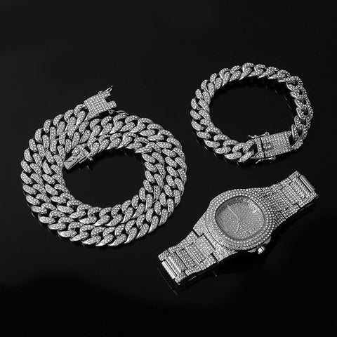 Chain +Watch+Bracelet Silver & Gold Color Full Iced Out Paved Rhinestones CZ  For Men