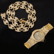 Watch +Chain+Bracelet Iced Out Alloy Rhinestone Bling Chain Set for Men