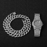 Chain +Watch+Bracelet Iced Out Paved Rhinestones CZ Bling Set For Men