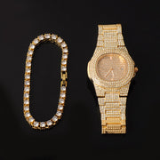 Iced Out Chain + Watch+Bracelet Rhinestone Bling Crystal Tennis Chain Set For Men
